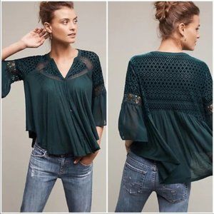 Anthropologie Meadow Rue Surya Dark Green Velvet Crochet Sleeve Top XS